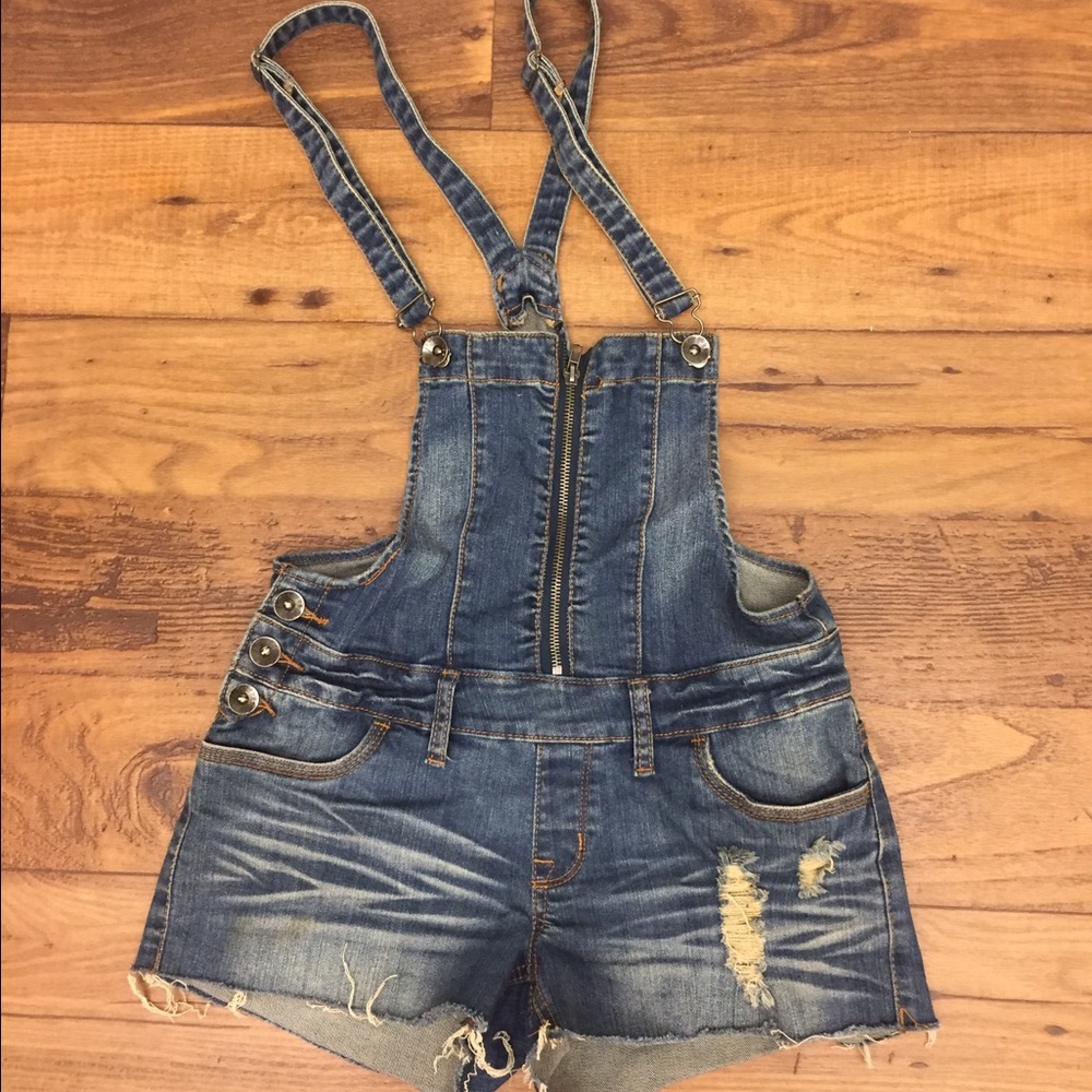 Distressed jean shorts overalls